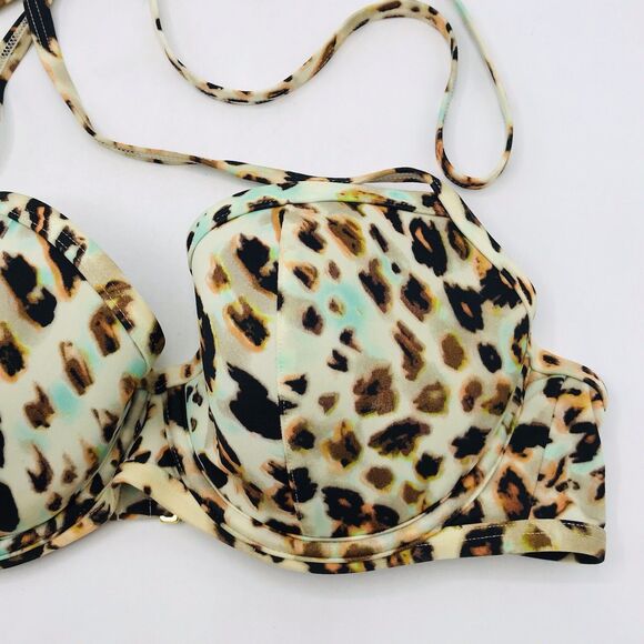 Secret Bikini Top Brown Green Cream Leopard Print Padded Swimwear 34D - Picture 2 of 4
